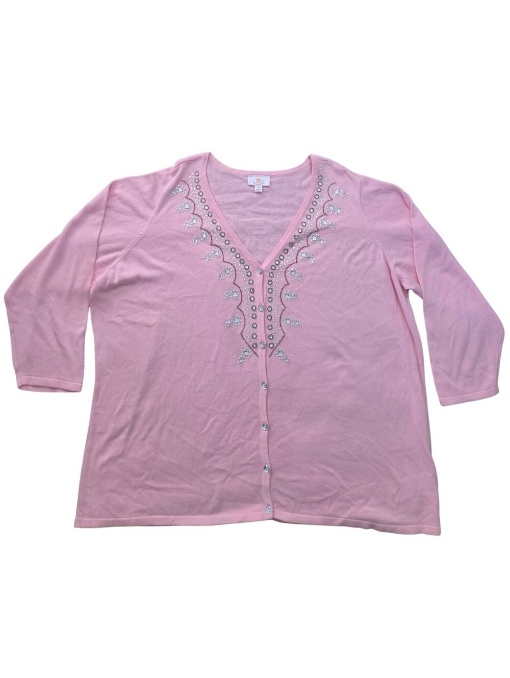 Quacker Factory Cardigan Sweater Womens 3X Plus V-Neck Pink Preppy Gem Party